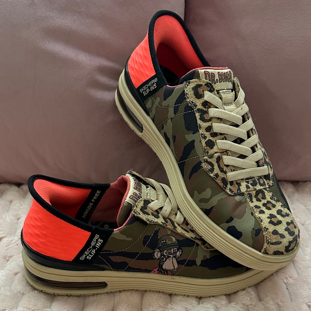 Skechers Camouflage and Leopard Sneakers with Orange Accents
